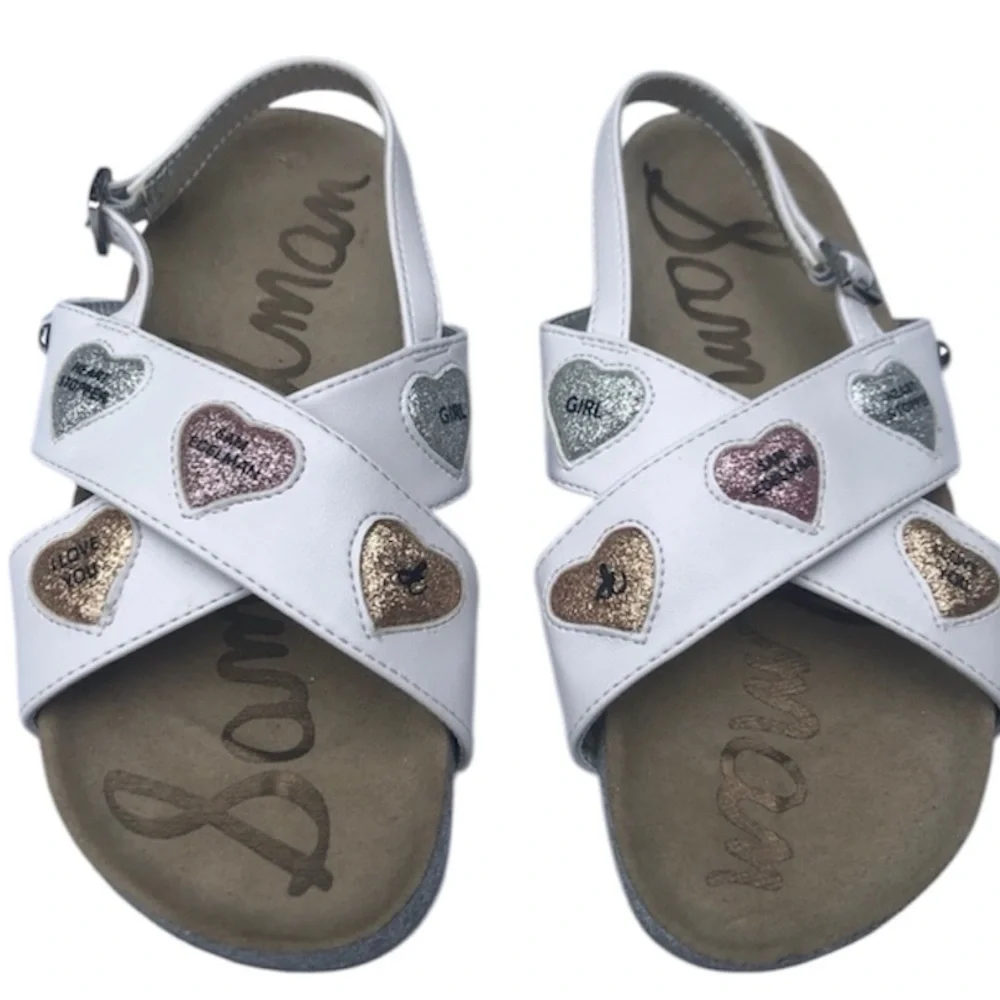 Sam Edelman girl’s Bethel Kandi white heart crisscross sandal shoes size 3